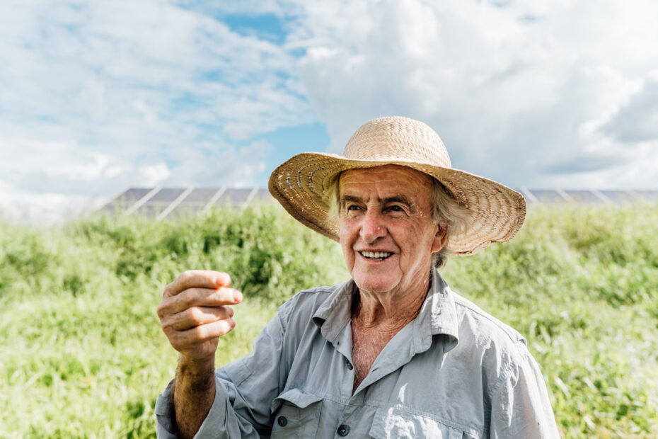 farmer making money sign on solar panels